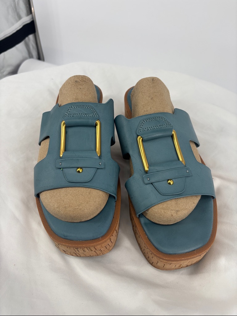 Franco Sarto Wedge Hesta Sandals Blue Gold Buckle Slides Shoes Size 9